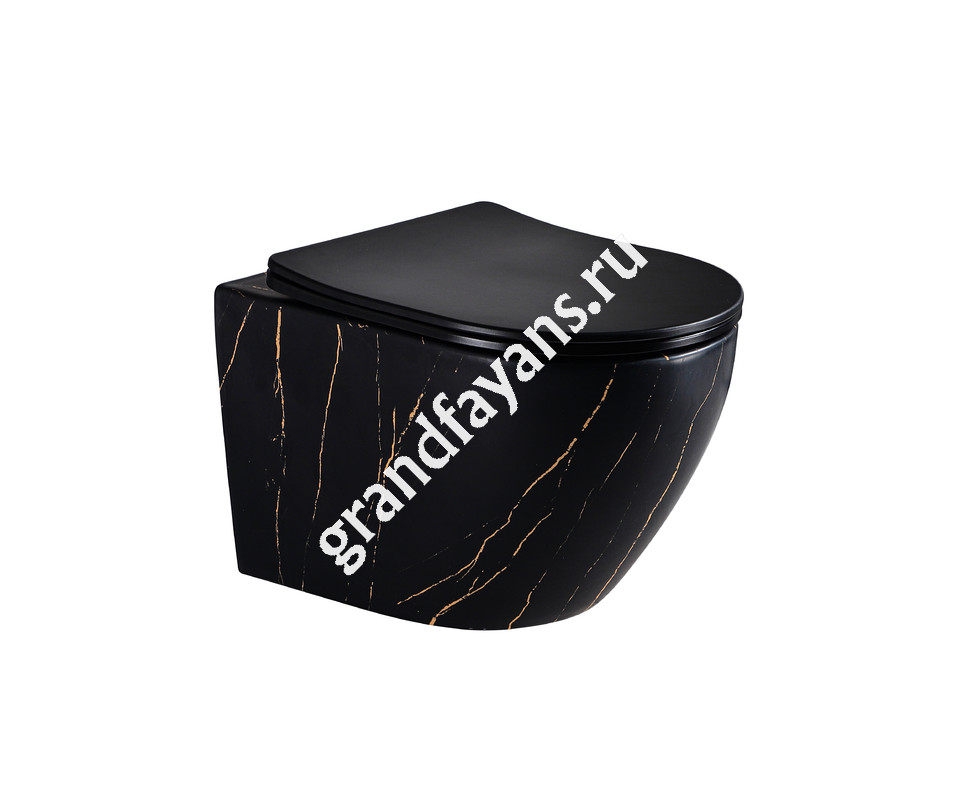 EvaGold — EG505Black-G Подвесной унитаз EvaGold мрамор черное золото, безободковый, сид. черн. мат. тонкое ДП фото 0