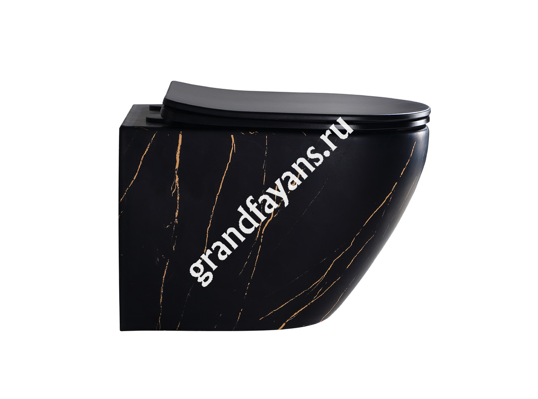 EvaGold — EG505Black-G Подвесной унитаз EvaGold мрамор черное золото, безободковый, сид. черн. мат. тонкое ДП фото 1