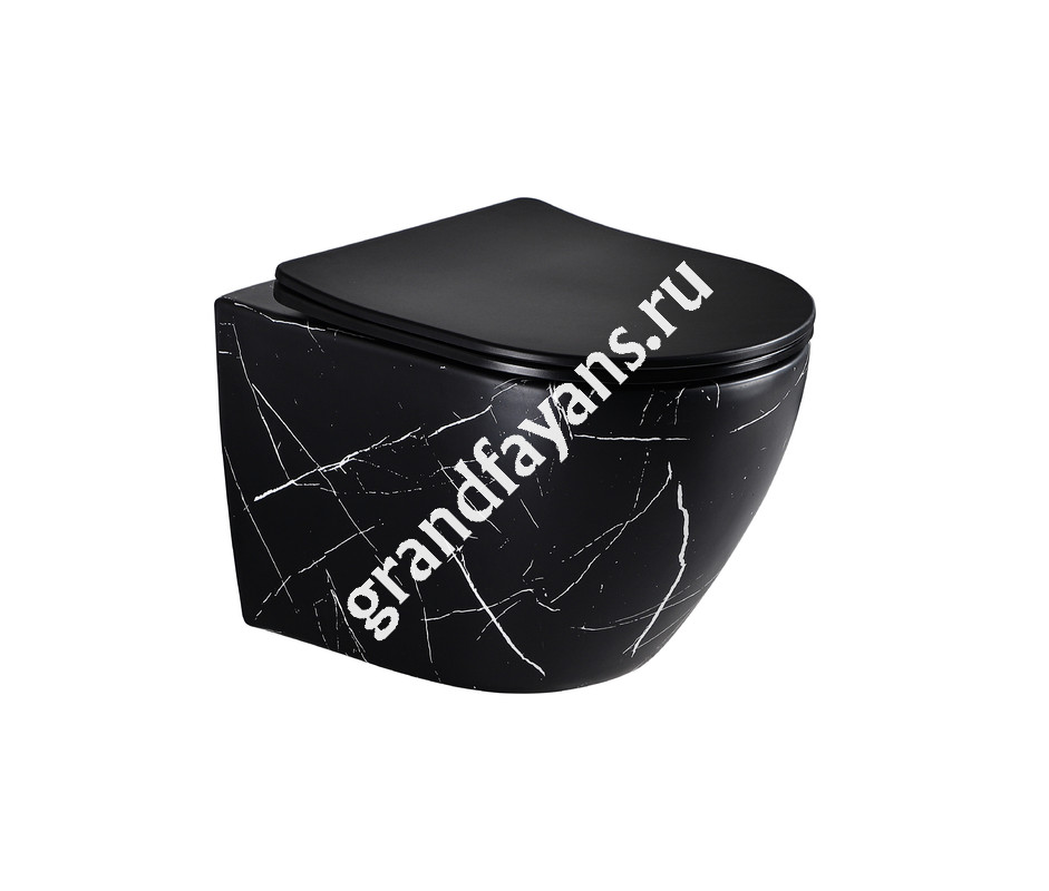 EvaGold — EG505Black-W Подвесной унитаз EvaGold мрамор черно-белый, безободковый, сид. черн. мат. тонкое ДП фото 0