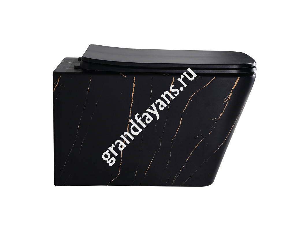 EvaGold — EG633Black-G Подвесной унитаз EvaGold мрамор черное золото, безободковый, сид. черн. мат. тонкое ДП фото 1