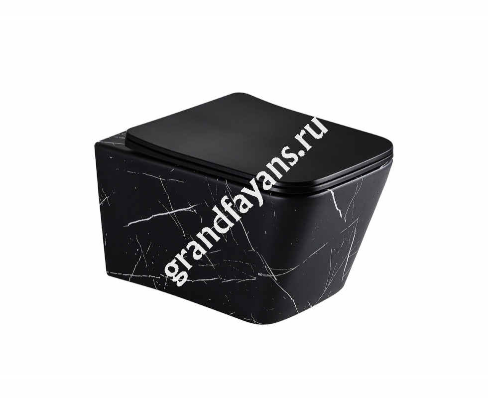EvaGold — EG633Black-W Подвесной унитаз EvaGold мрамор черно-белый, безободковый, сид. черн. мат. тонкое ДП фото 0