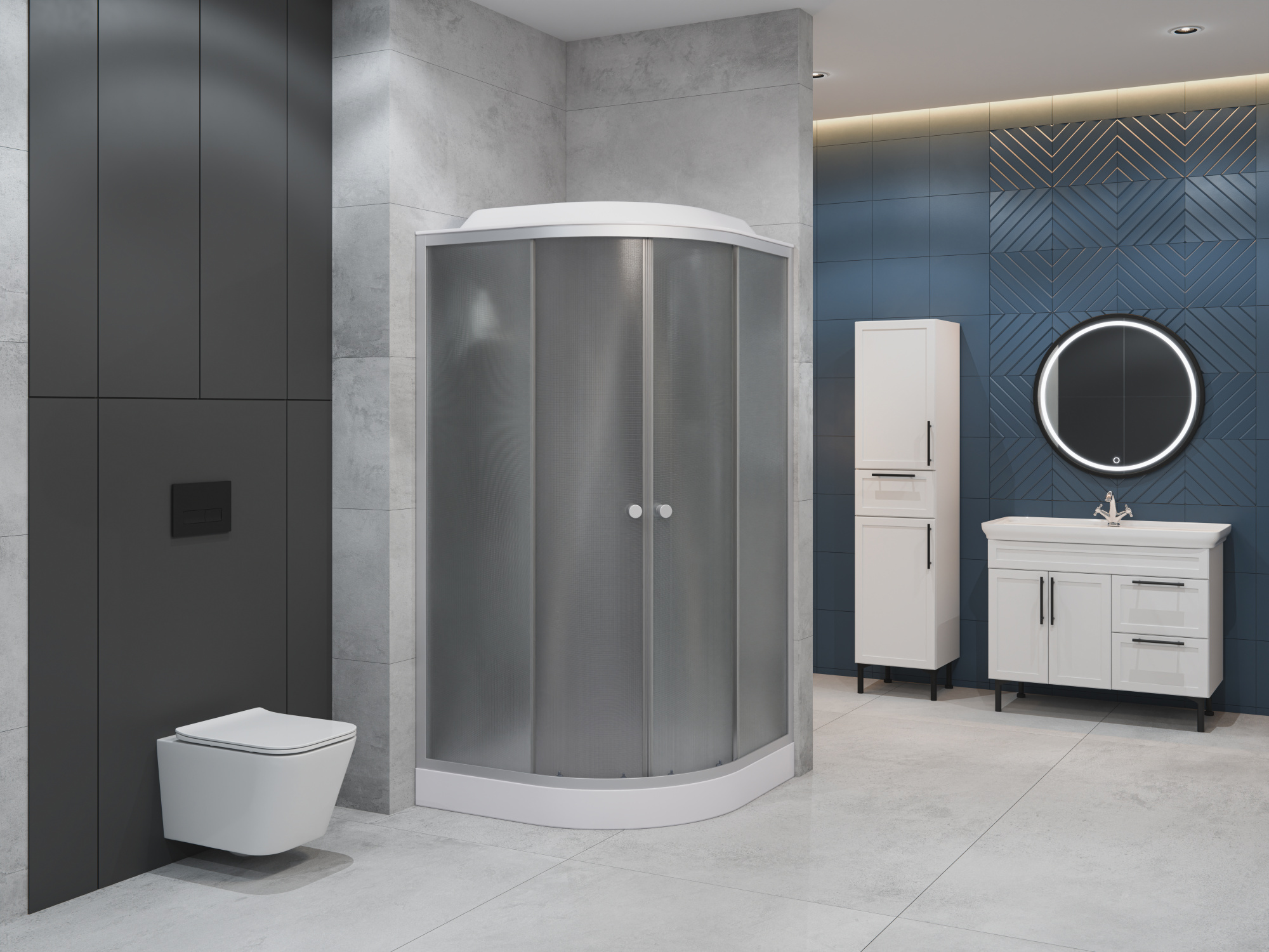 ДК EvaGold полукруг F901BS (90*90, низ.под., рифл. стек., черн. стен., хром матовый проф. 3к.)