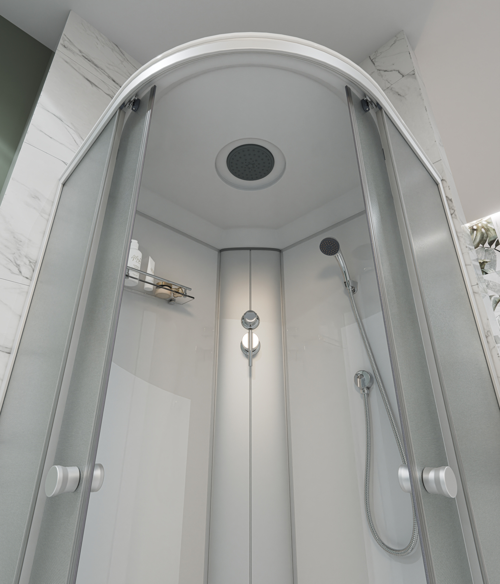 ДК EvaGold полукруг F901WS (90*90, низ.под., рифл. стек., белая стен., хром матовый проф. 3к.)