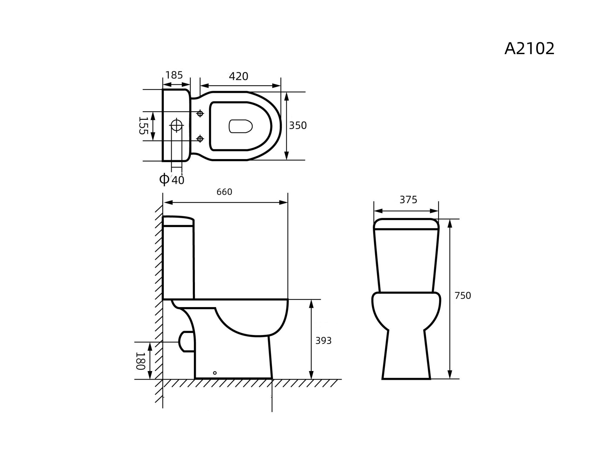 A2102 Унитаз-компакт, безободковый, сиденье ПП, крепления, арматура, гориз. выпуск 1к.