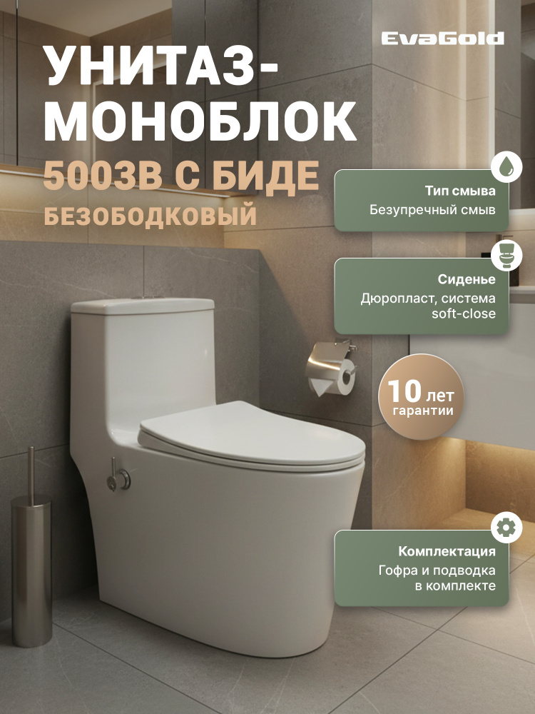 Унитаз-моноблок 5003B с биде безободковый, сиденье тонкое ДП, арматура (с гофрой и подводкой)