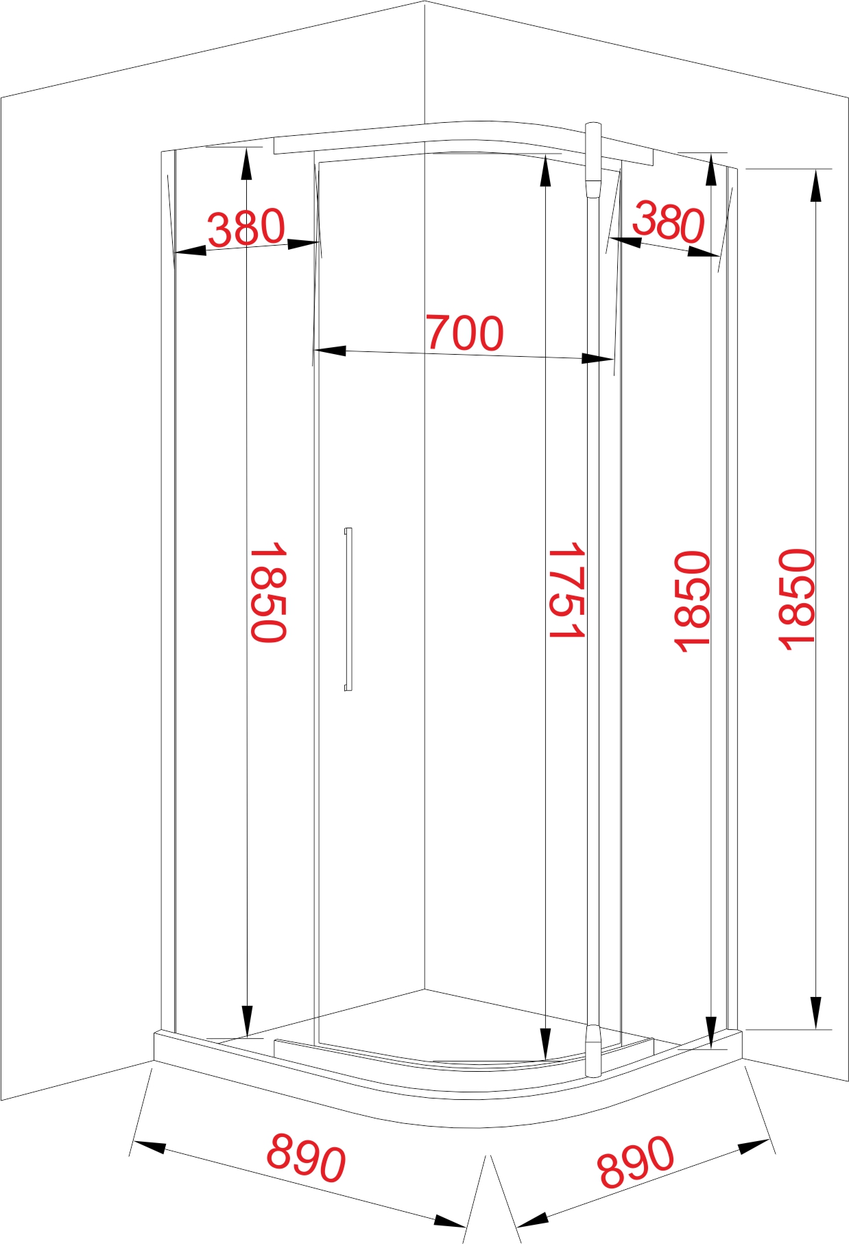 JY050 Душевое ограждение 89х89х185 полукруглое (б/поддона), прозрачное стекло
