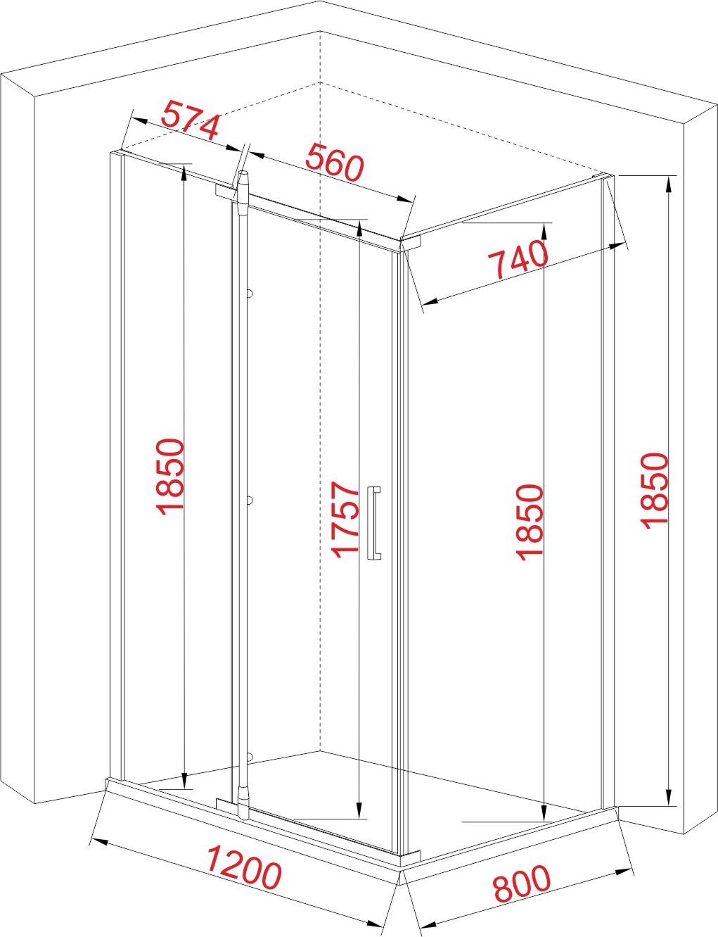 JY053 Душевое ограждение 80х120х185 прямоугольное (б/поддона), прозрачное стекло