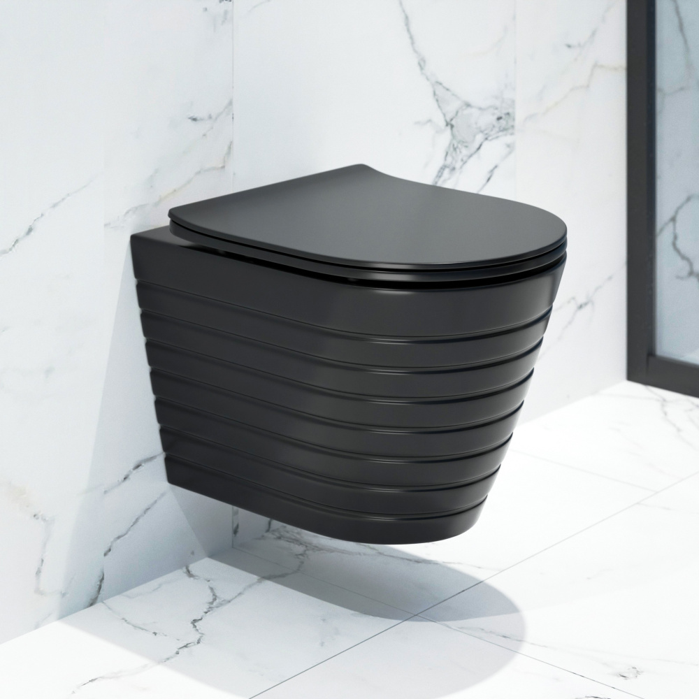 Унитаз подвесной K703BM черный матовый безободковый, сиденье тонкое ДП, крепления