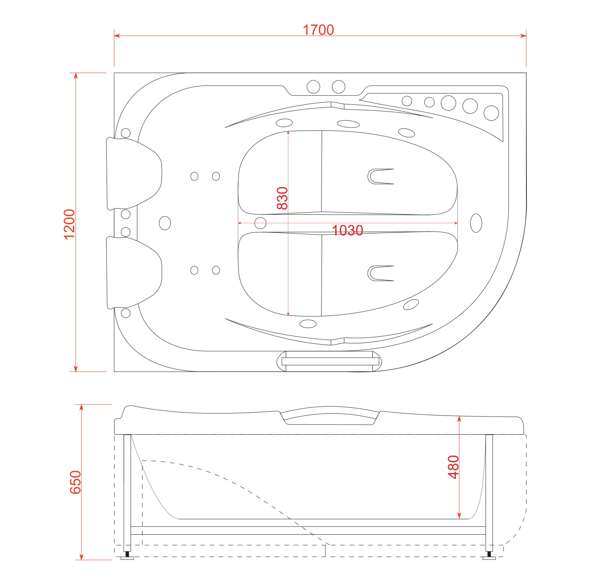 Ванна ГМ 1200*1700*650 с насосом OLB-807 L с переливом