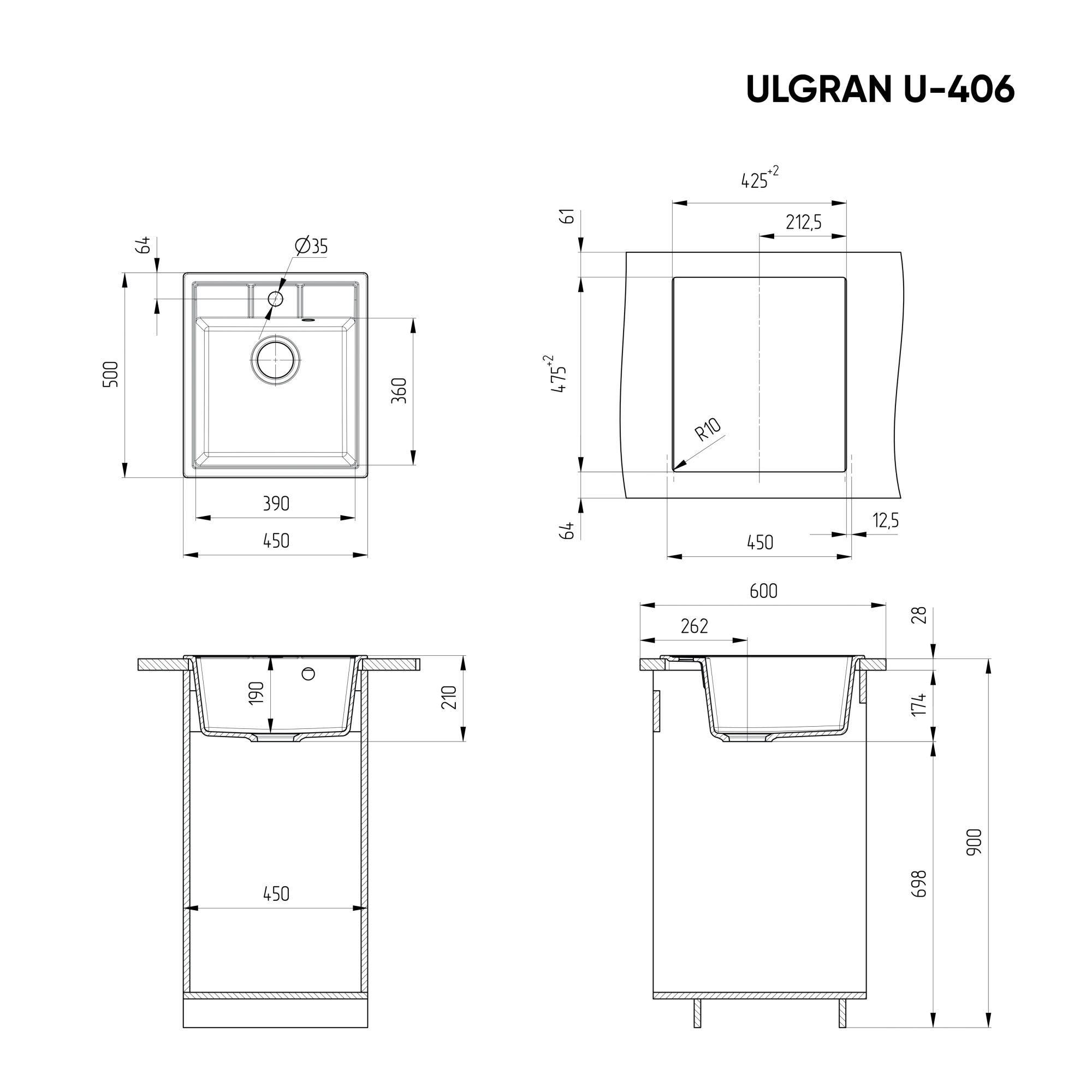 Мойка композит.Ulgran U-406 КВАДРАТНАЯ 309 темно-серый 450*500*210 с сифоном