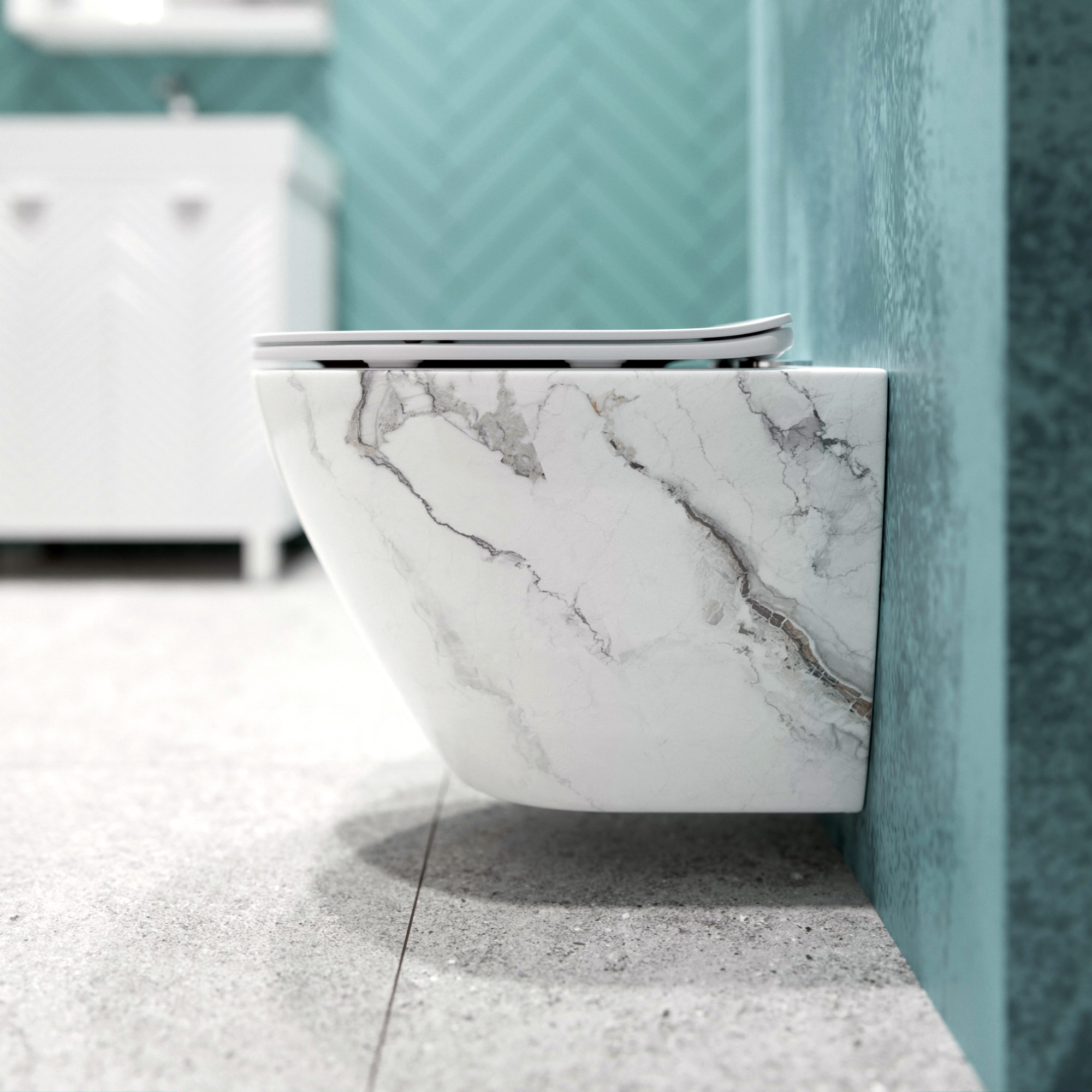 Унитаз подвесной K505MD белый мрамор безободковый, сиденье тонкое ДП, крепления