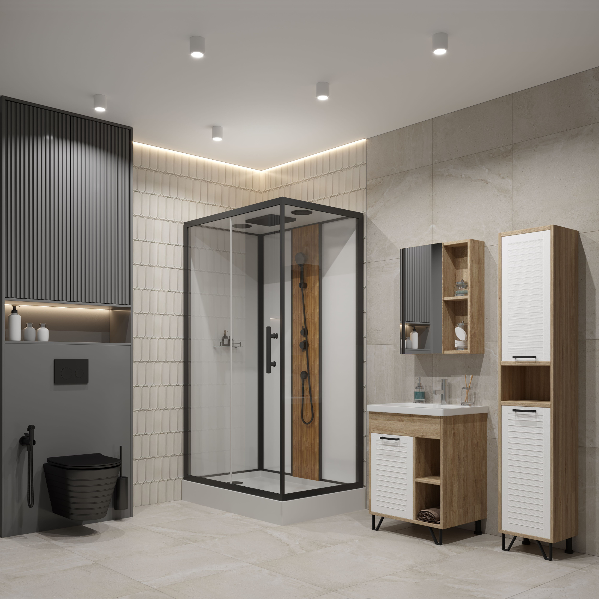 120/1 Душевая кабина 1806B-S 80*120*215 бамбук,низ.поддон,профиль Чёрный,полка,белая задн.стенка,прозр.стёкла,4к.