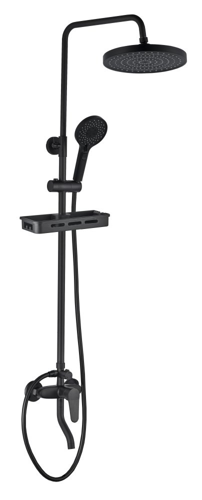 Queens FS09B-PVD Душевая стойка (150 см) со смесителем, полкой, латунь, черный EvaGold