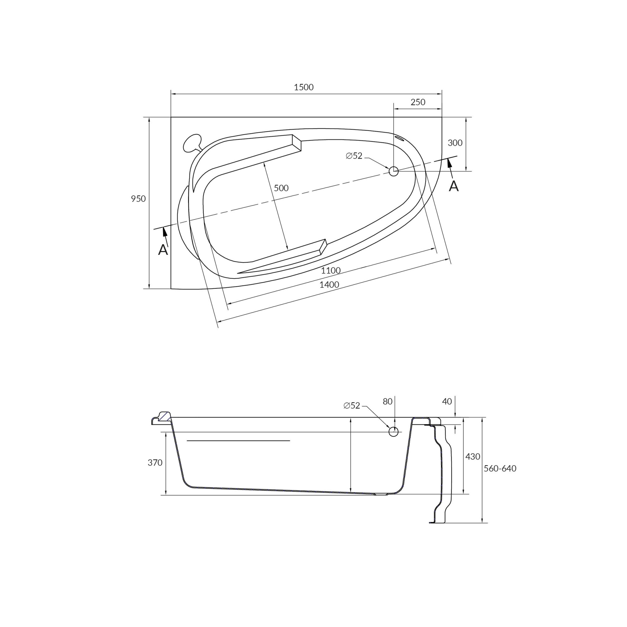 Ванна асимметр. JOANNA : 150*95, левая,УЛЬТРА БЕЛЫЙ, Сорт 1 (Cersanit) без ножек