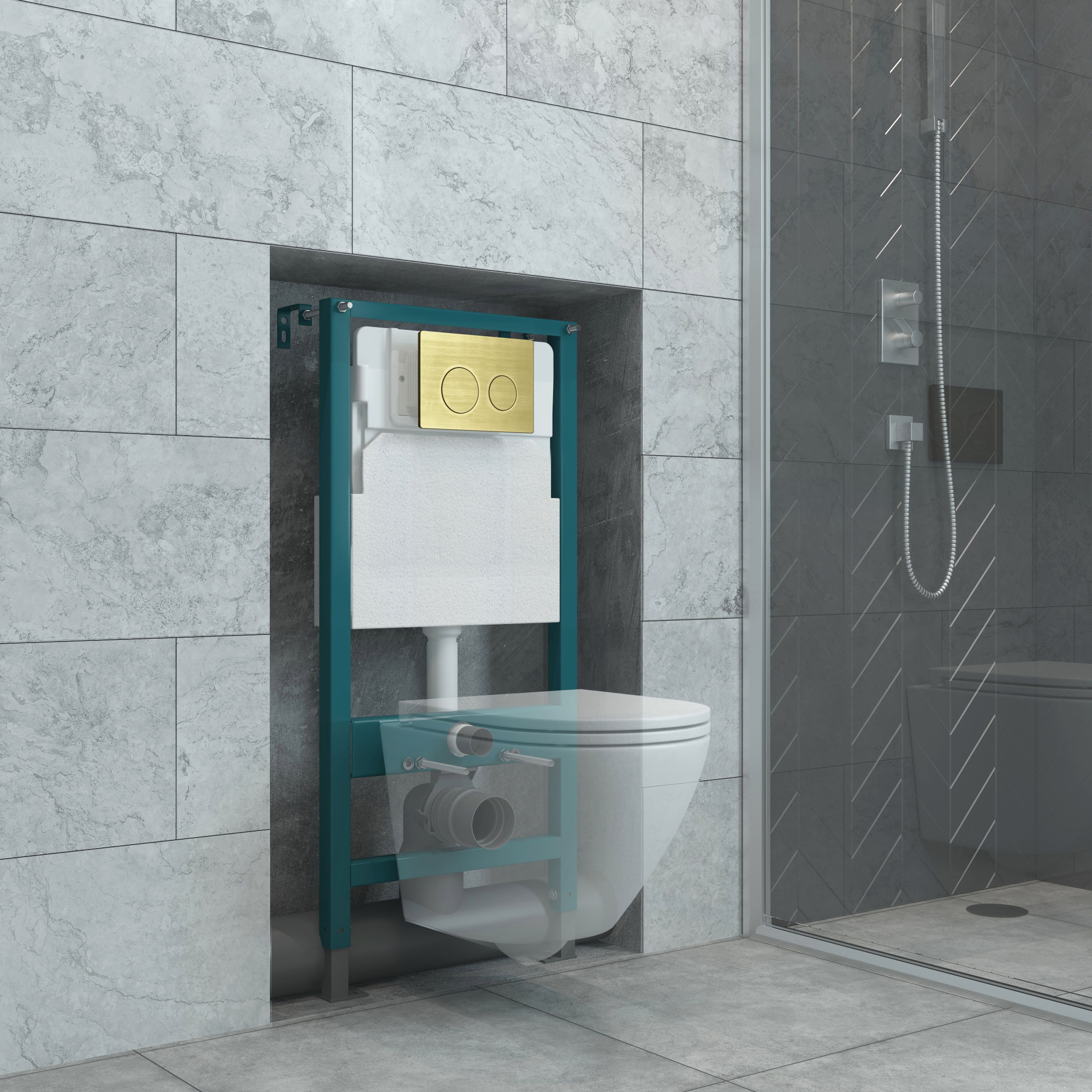 Кнопка смыва пневматическая EvaGold 03P, пластик круг золото для инсталляции EvaGold 500P с пневматическим управлением