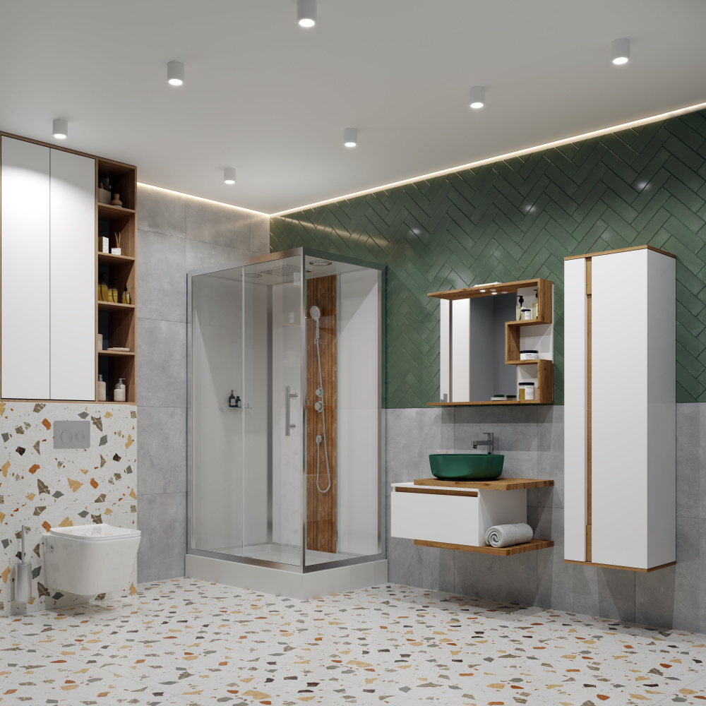 120/1 Душевая кабина 1806L/R-S 80*120*215 бамбук,низк.поддон,профиль-Хром,полка,белая задн.стенка,прозр.стёкла,4к