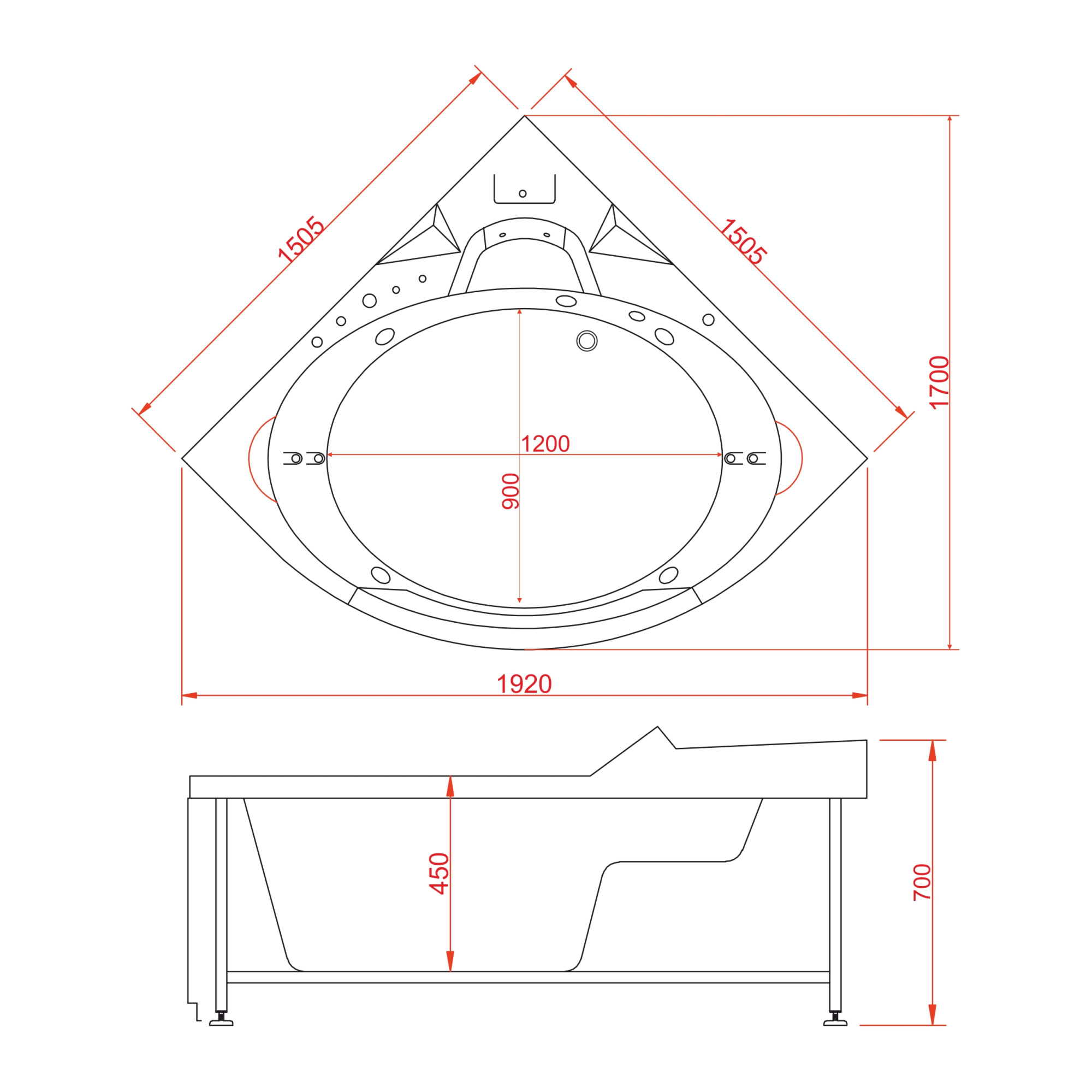 Ванна ГМ 1505*1505*700 с насосом OLB-840 с переливом