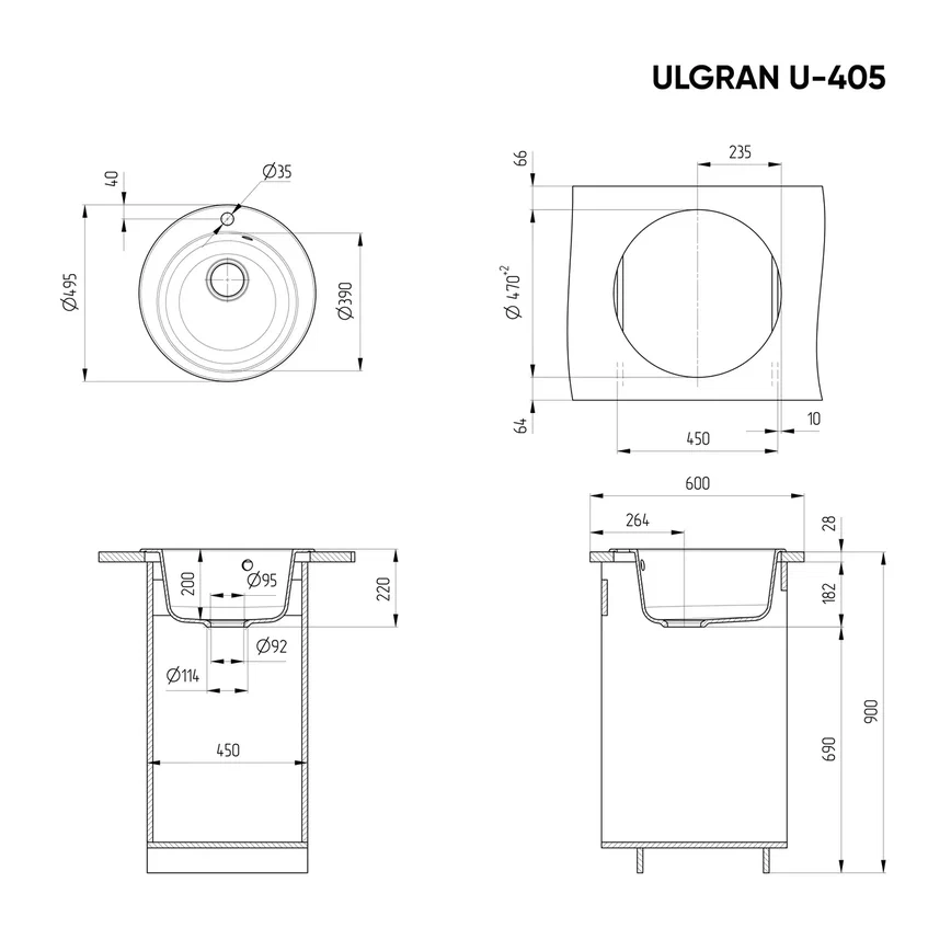 Мойка композит.Ulgran U-405 КРУГЛАЯ 302 песочный 495*495*220 с сифоном