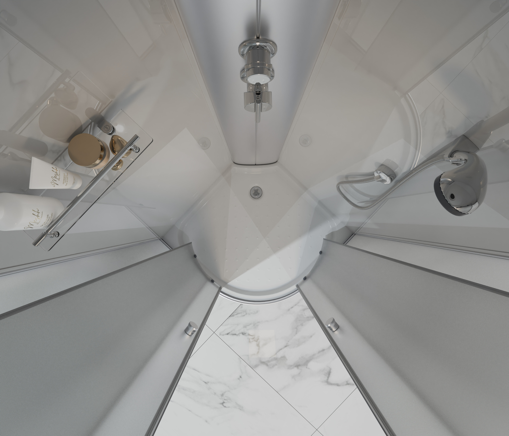 ДК EvaGold полукруг F901WS (90*90, низ.под., рифл. стек., белая стен., хром матовый проф. 3к.)