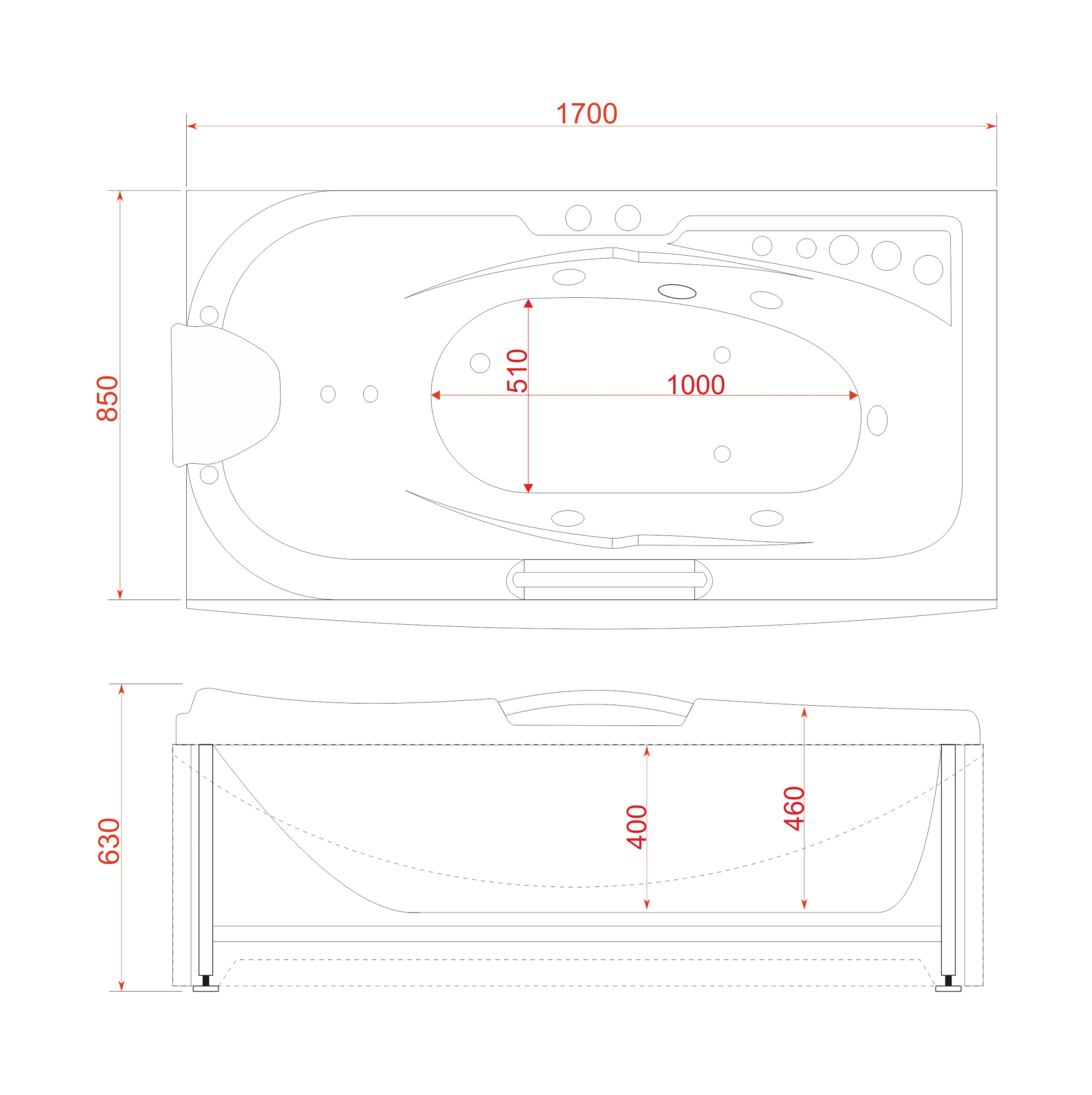 Ванна ГМ 1700*850*630 с насосом OLB-801 с переливом