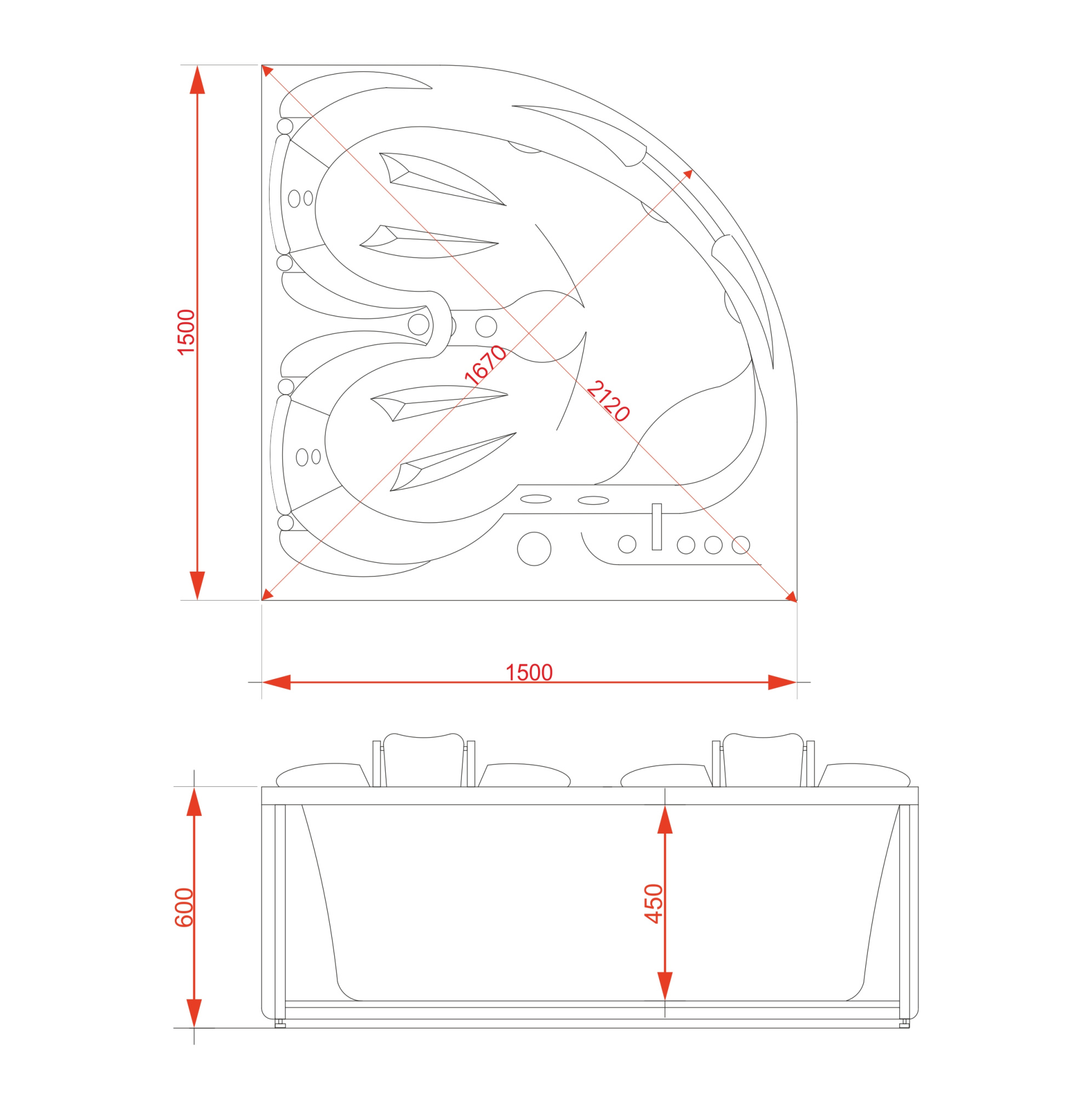 Ванна ГМ 1500*1500*600 с насосом OLB-826 правая с переливом