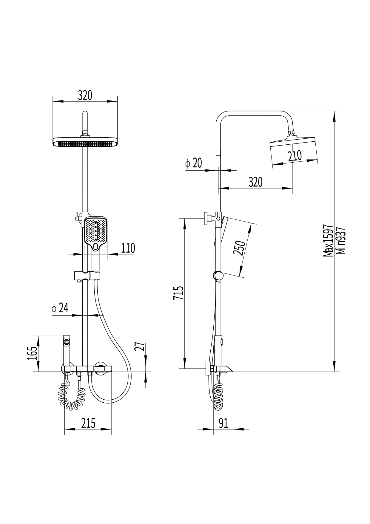 Amazonia FS11GR-PVD Душевая стойка (150 см) со смесителем, гигиеническим душем, латунь, оружейная сталь EvaGold