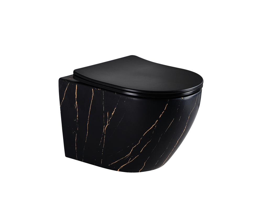 EG505Black-G Подвесной унитаз EvaGold мрамор черное золото, безободковый, сид. черн. мат. тонкое ДП