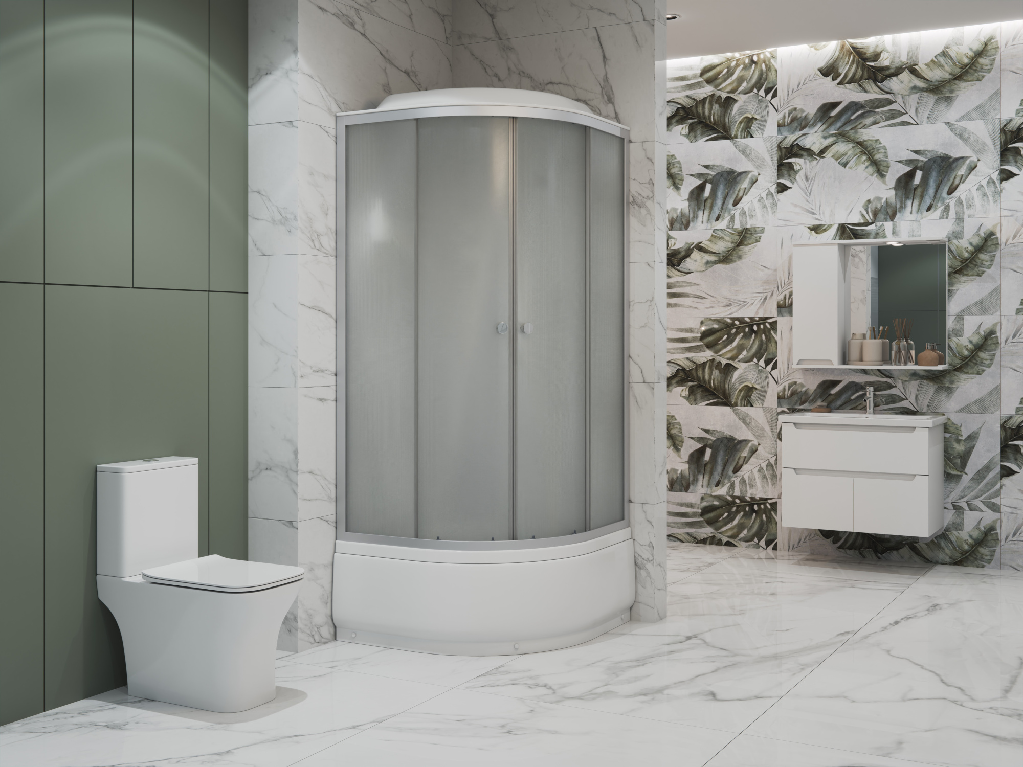 ДК EvaGold полукруг F902WS (90*90, высок.под., рифл. стек., белая стен.,хром матовый проф. 3к)