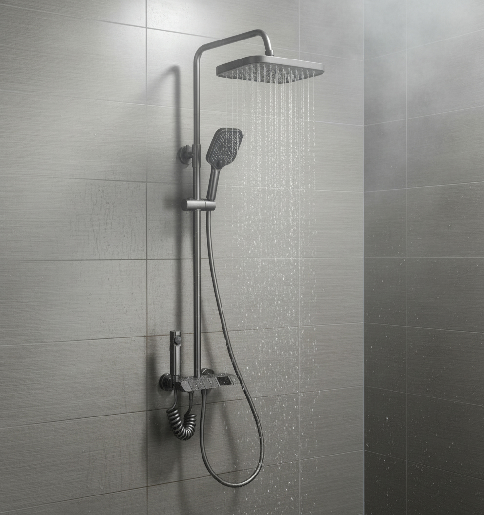 Amazonia FS11GR-PVD Душевая стойка (150 см) со смесителем, гигиеническим душем, латунь, оружейная сталь EvaGold