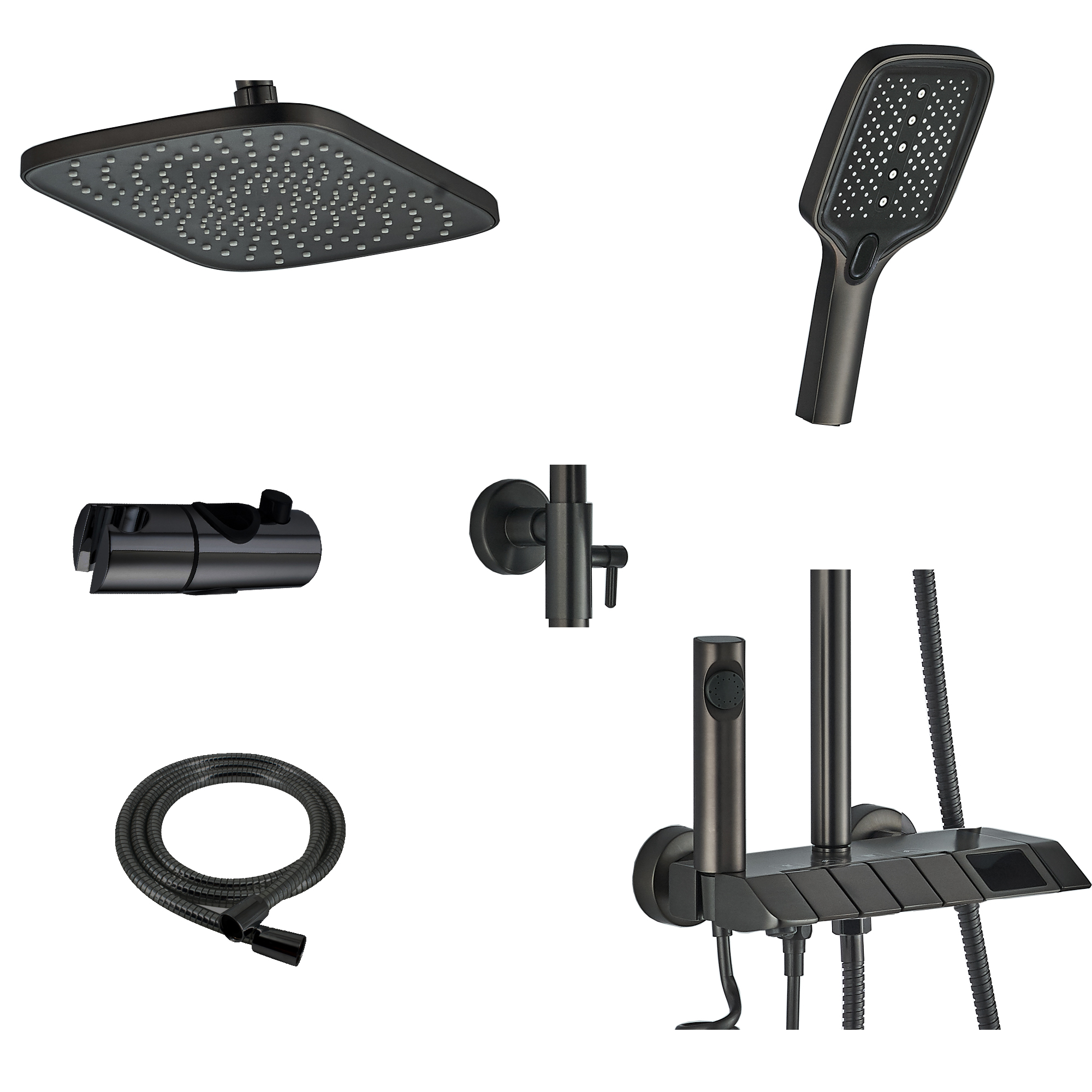 Amazonia FS11GR-PVD Душевая стойка со смесителем, гигиеническим душем, латунь, оружейная сталь EvaGold