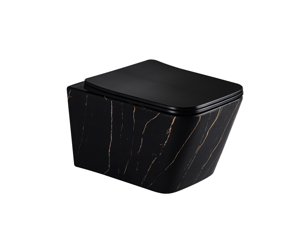 EG633Black-G Подвесной унитаз EvaGold мрамор черное золото, безободковый, сид. черн. мат. тонкое ДП