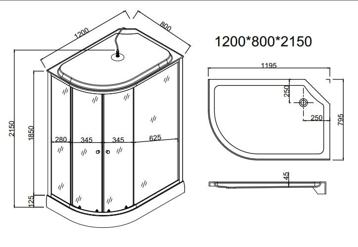 ДК EvaGold прямоугольная правая F121WS-R (80*120 низ. под., рифл. стек., белая стен., хром матовый проф. 3к.)