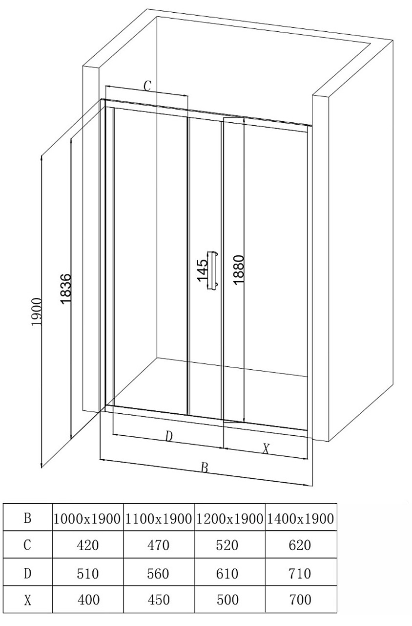 EG1C Душевое ограждение в проем EvaGold 140х190, профиль хром, прозрачное стекло