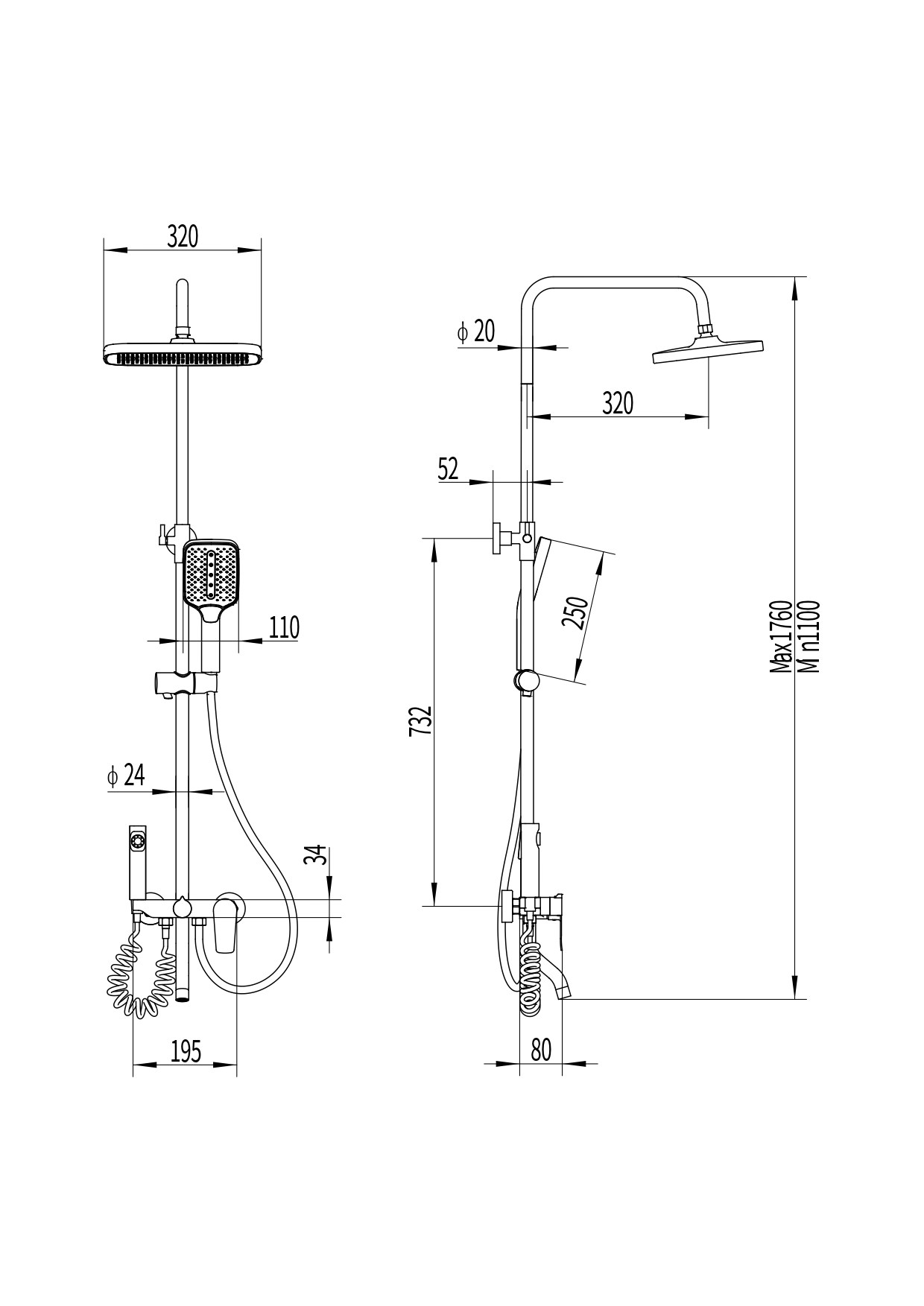 Borneo FS07C Душевая стойка (150 см) со смесителем гигиеническим душем, латунь, хром EvaGold