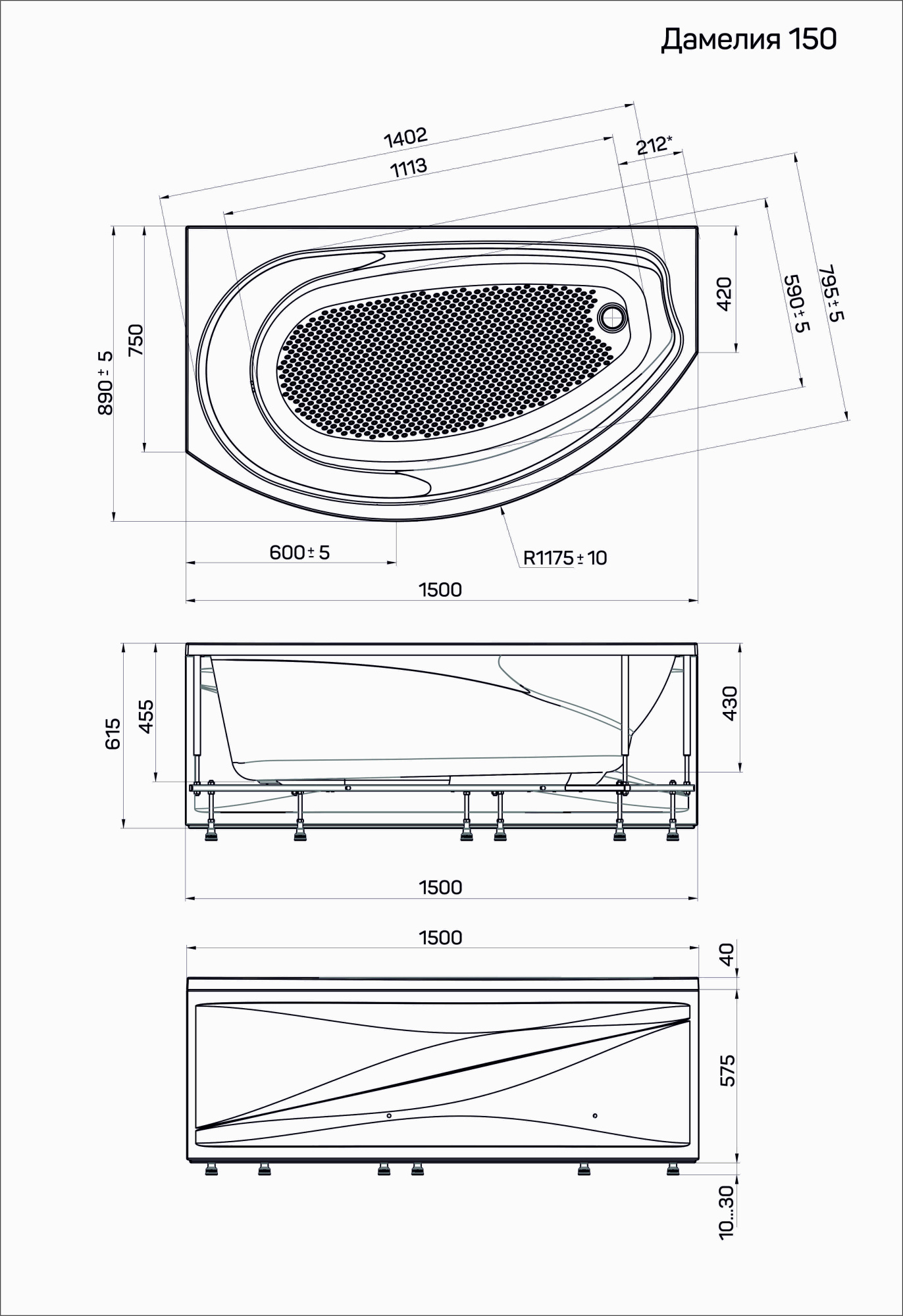 Ванна ассиметр. "Damelia" 150х90*45,5 R