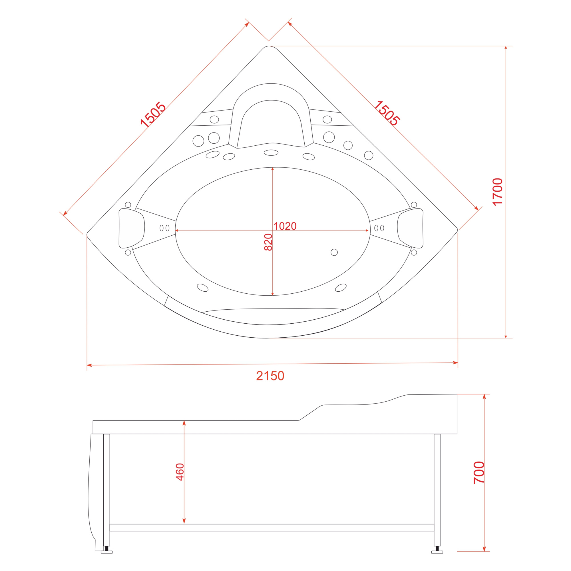 Ванна ГМ 1505*1505*700 с насосом OLB-806 с переливом