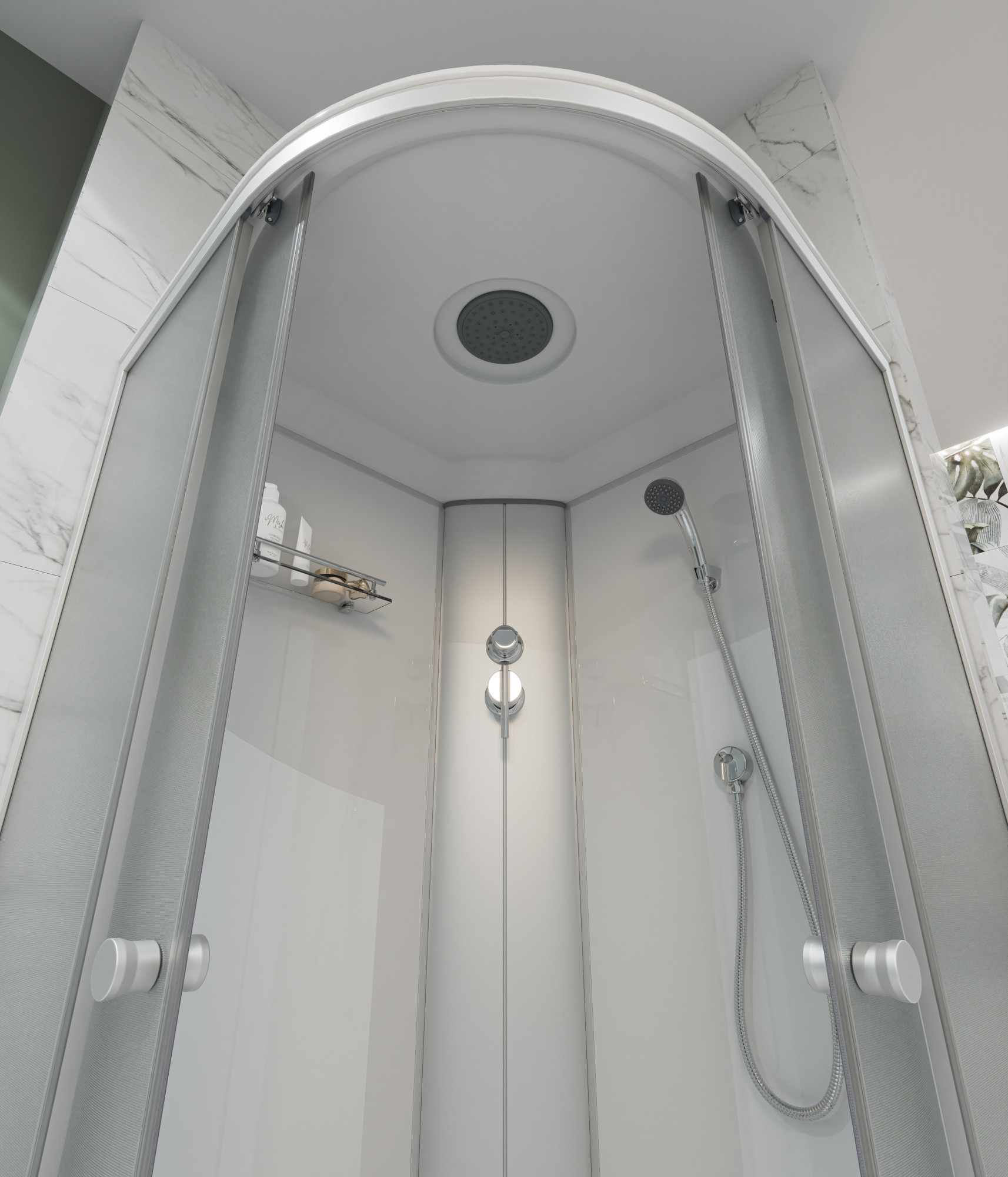 ДК EvaGold полукруг F902WS (90*90, высок.под., рифл. стек., белая стен.,хром матовый проф. 3к)