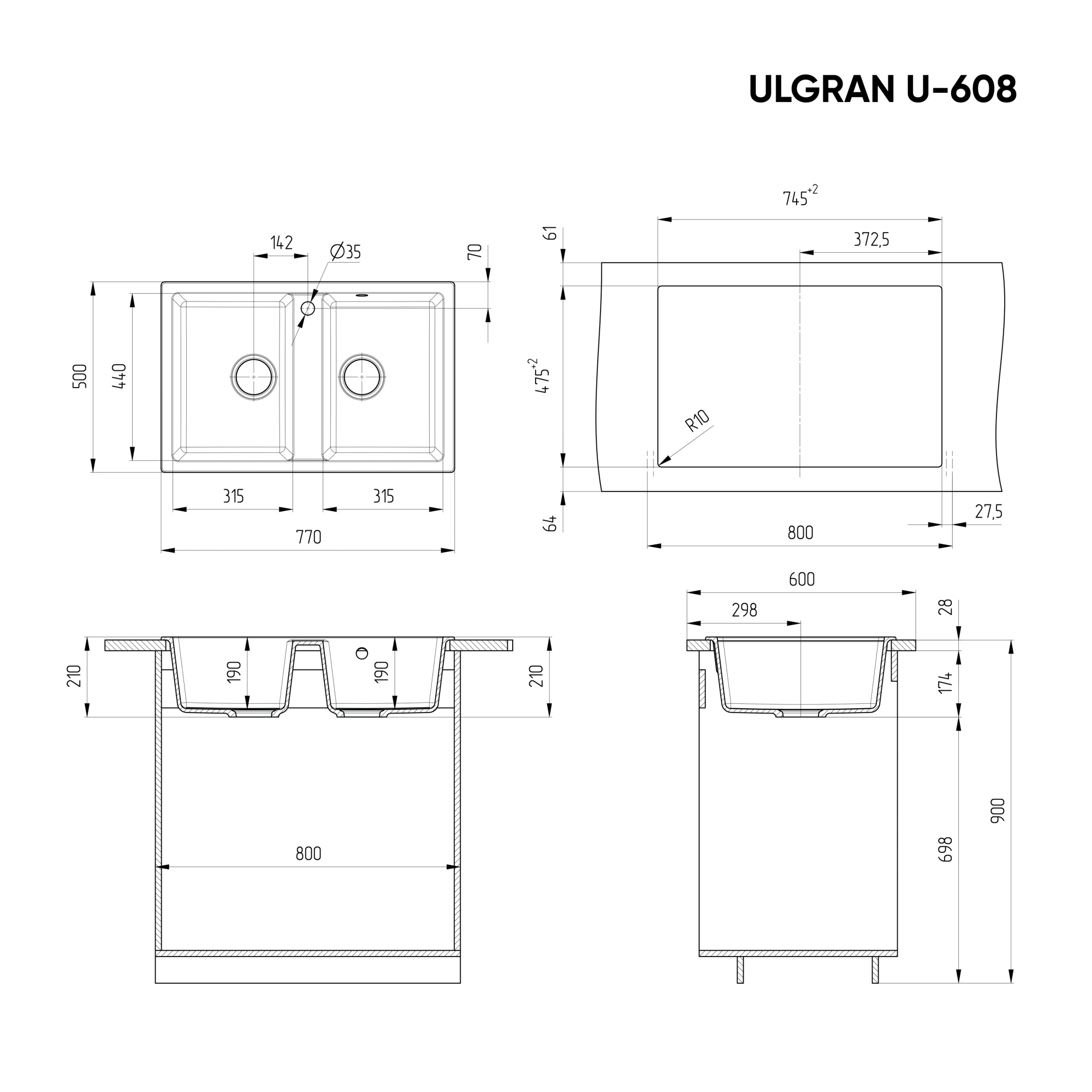 Мойка композит.Ulgran U-608 ПРЯМОУГОЛЬНАЯ двойная 302 песочный 770*500*210 с сифоном