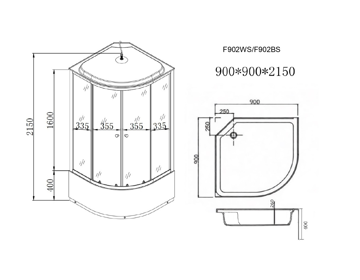 ДК EvaGold полукруг F902WS (90*90, высок.под., рифл. стек., белая стен.,хром матовый проф. 3к)