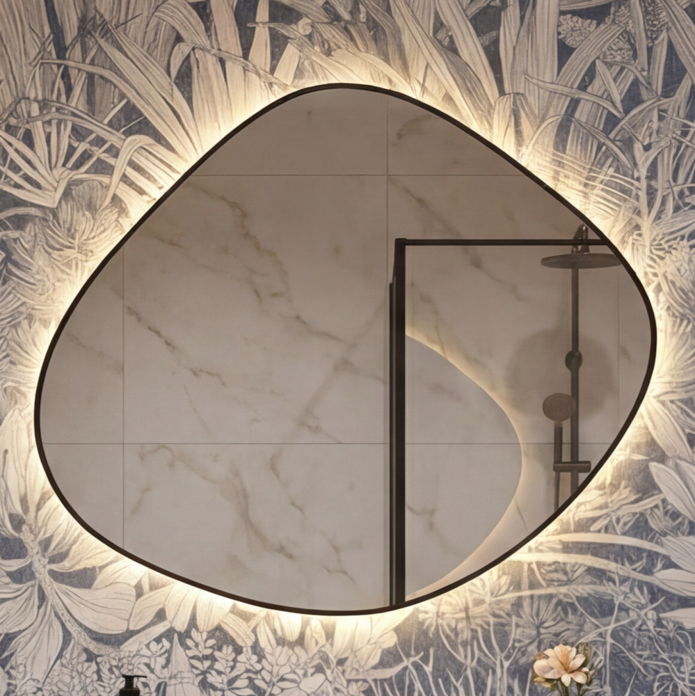 Зеркало Оникс блэк 75х80 лайт криволинейное с LED подсветкой (2 варианта навеса)