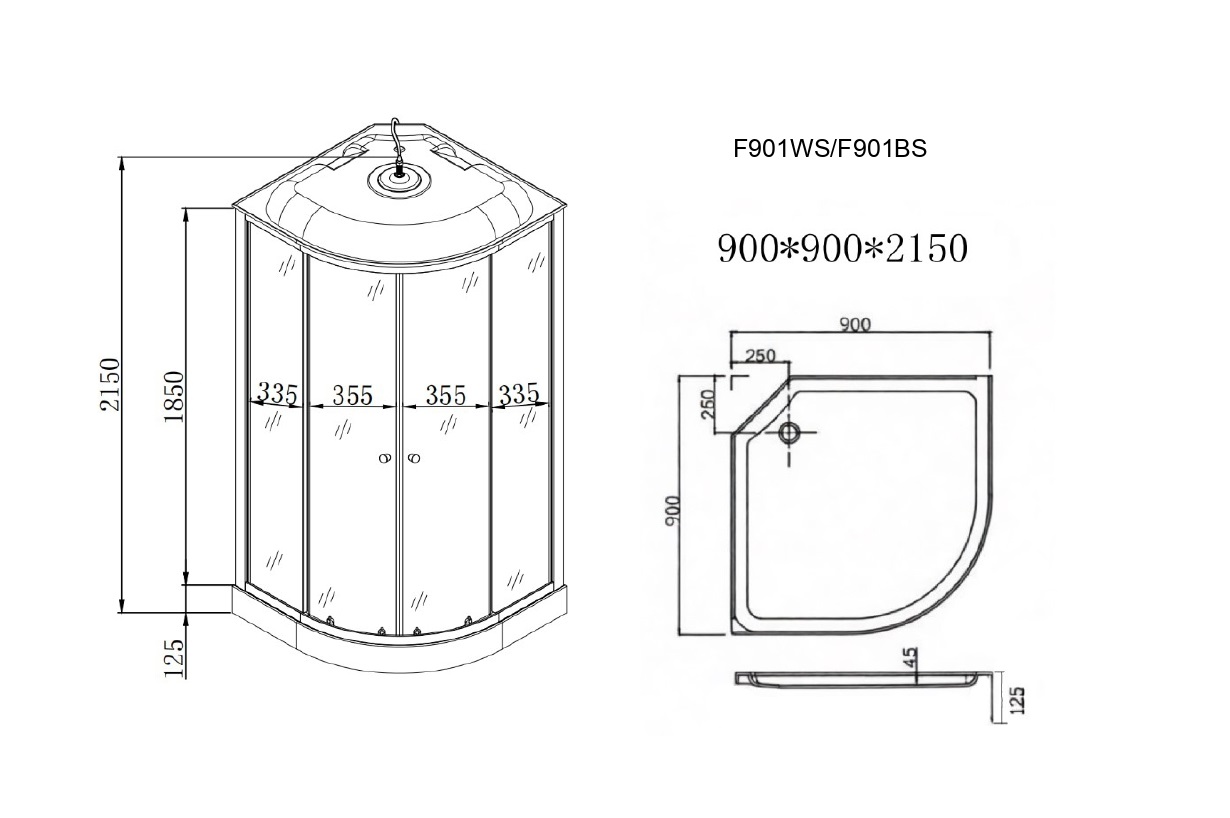ДК EvaGold полукруг F901WS (90*90, низ.под., рифл. стек., белая стен., хром матовый проф. 3к.)