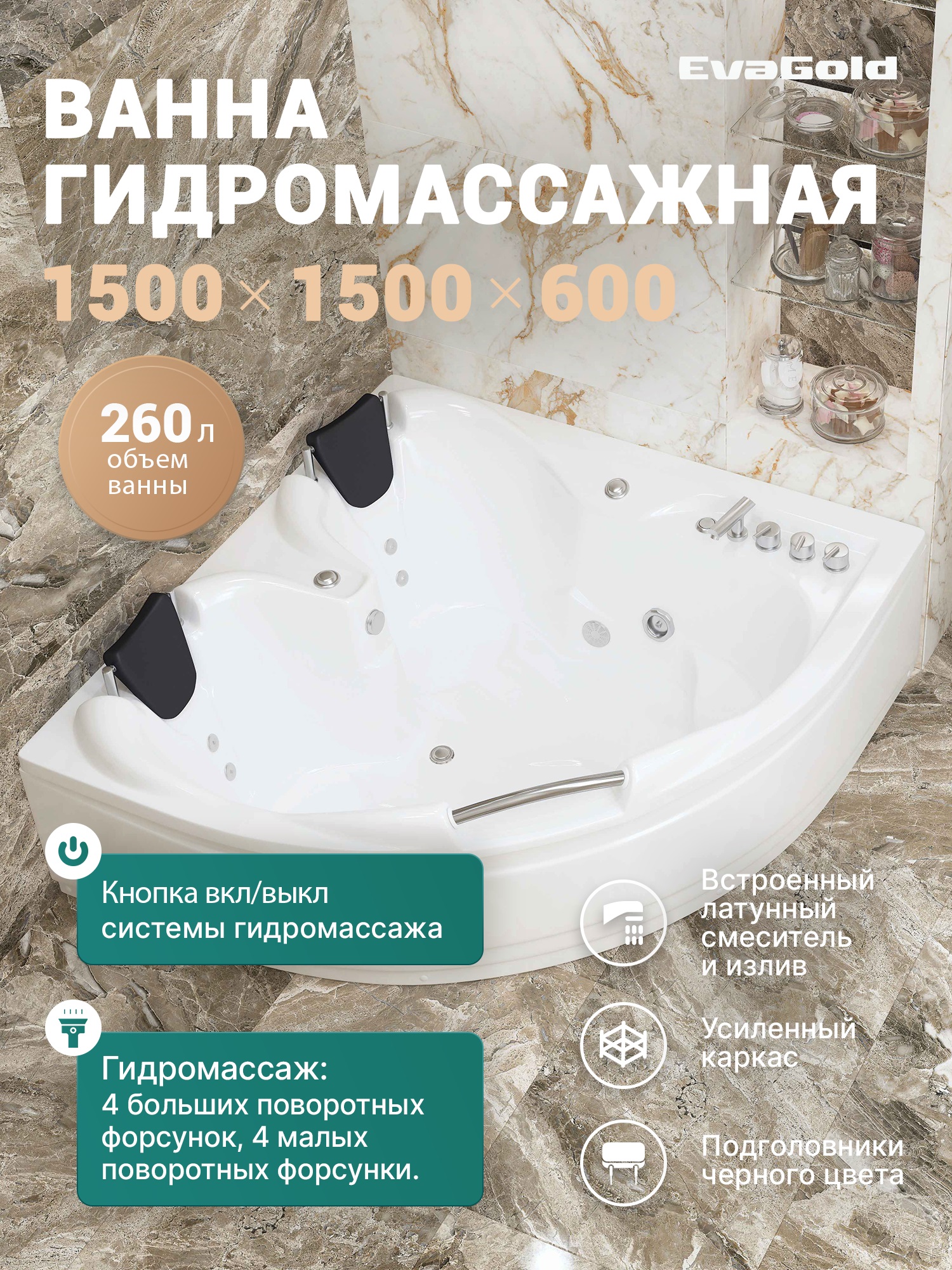 Ванна ГМ 1500*1500*600 с насосом OLB-826 правая с переливом