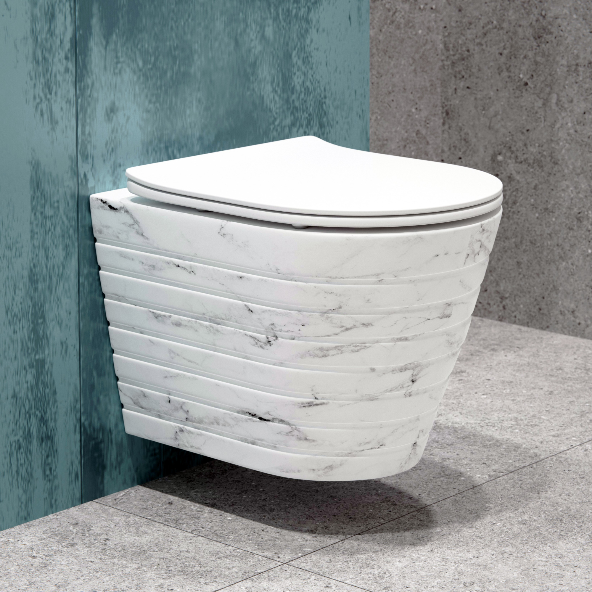 Унитаз подвесной K703MD белый мрамор безободковый, сиденье тонкое ДП, крепления