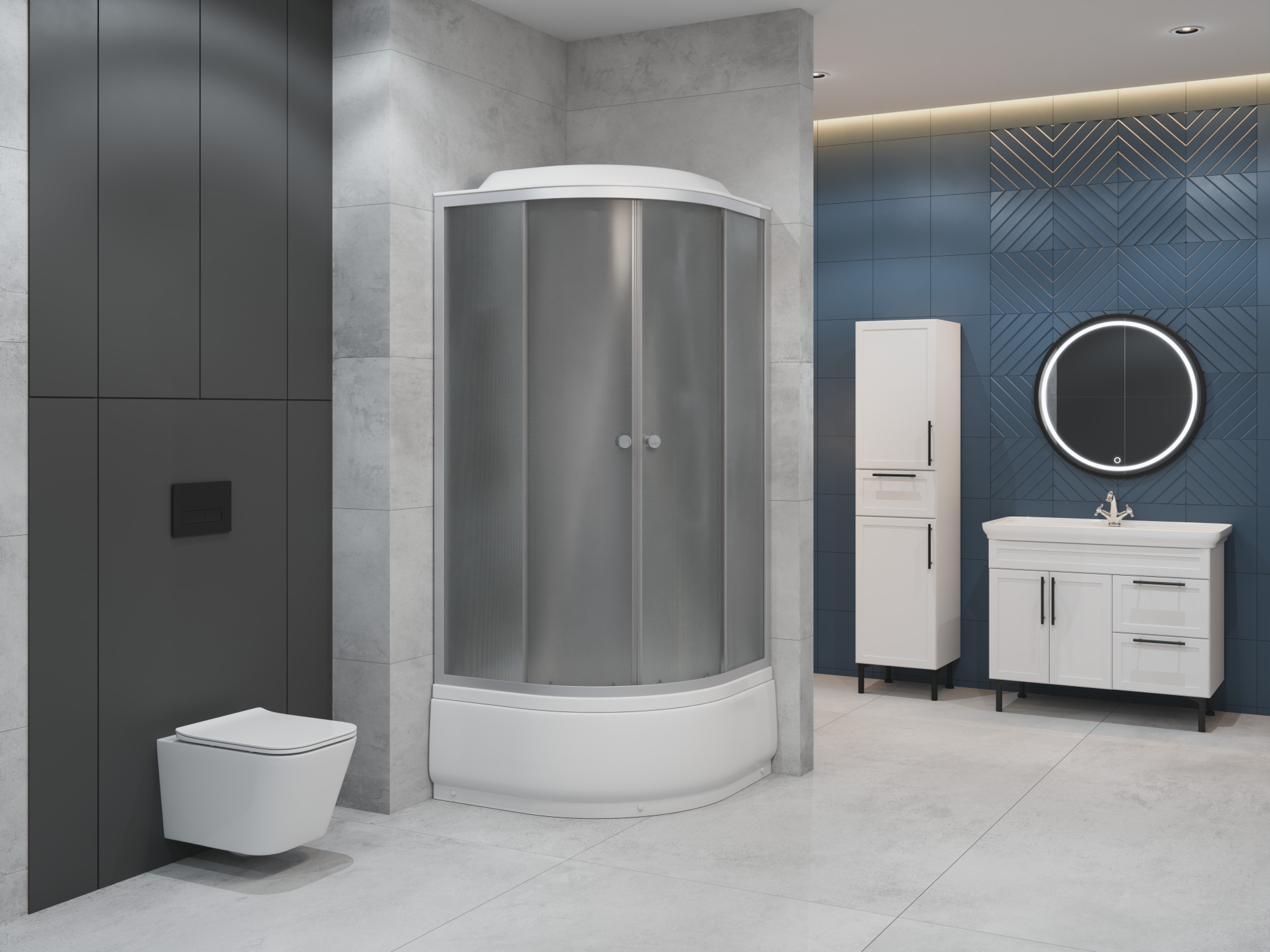 ДК EvaGold полукруг F902BS (90*90, высок.под., рифл. стек., черн. стен., хром матовый проф. 3к)