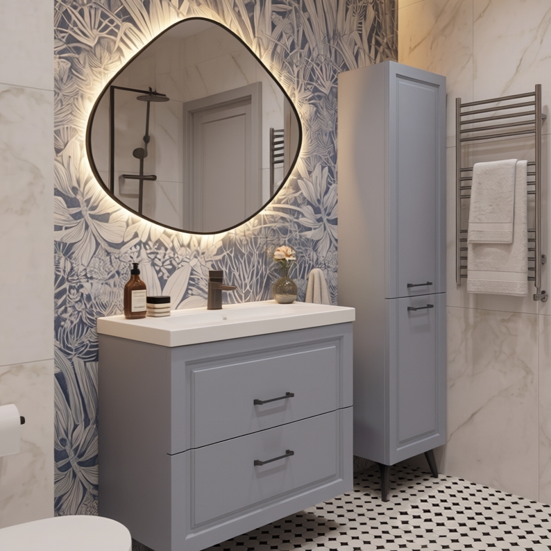 Зеркало Оникс блэк 75х80 лайт криволинейное с LED подсветкой (2 варианта навеса)