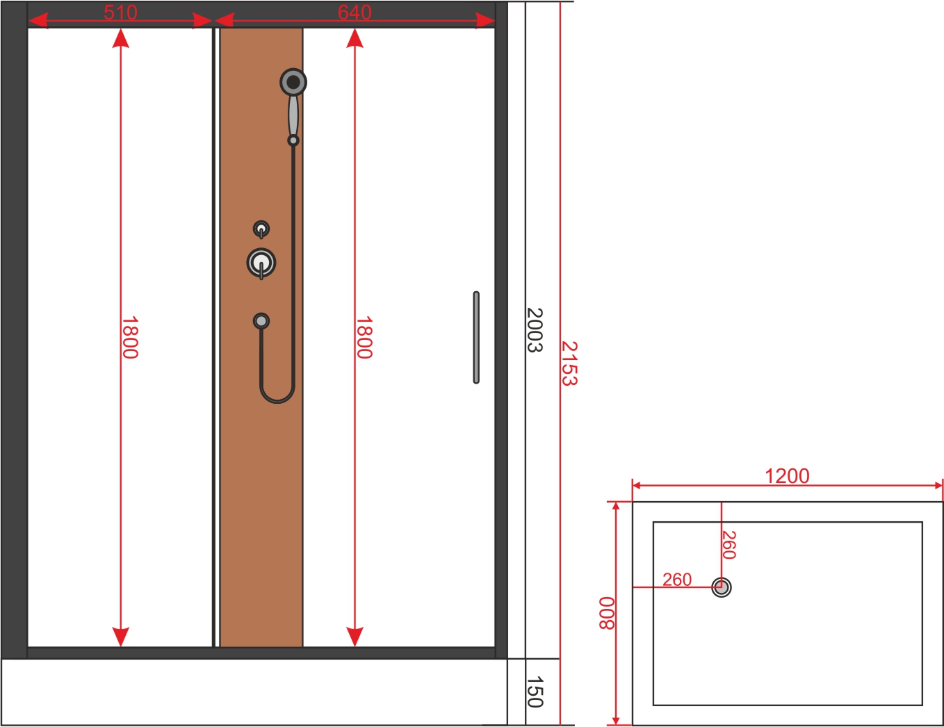 120/1 Душевая кабина 1806B-S 80*120*215 бамбук,низ.поддон,профиль Чёрный,полка,белая задн.стенка,прозр.стёкла,4к.