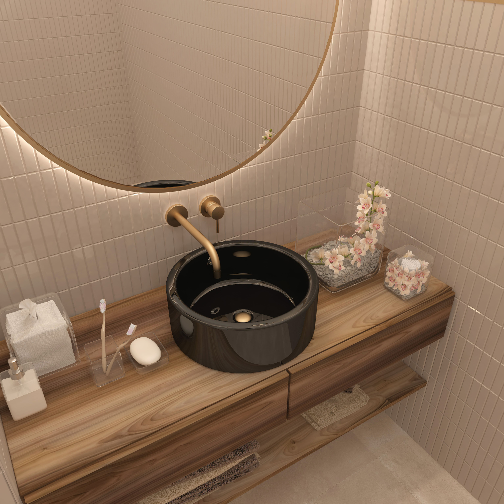 Умывальник накладной A028BG черный круглый с переливом (415*415*155 мм)