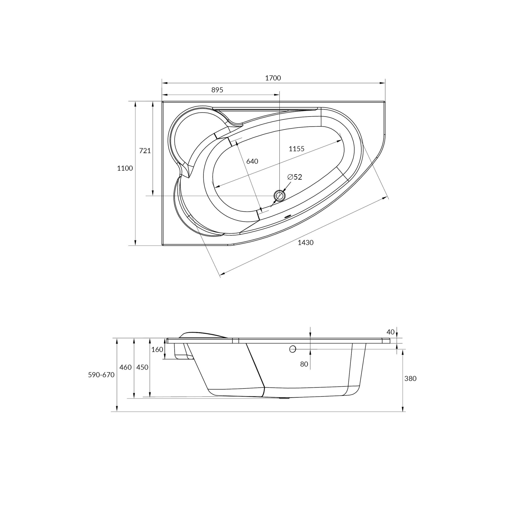 Ванна асимметр.: KALIOPE 170x110, левая,без ножек, ультра белый, Сорт1,
