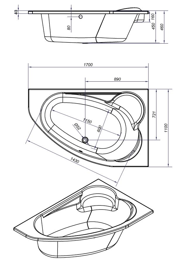 Ванна асимметр.: KALIOPE 170x110, правая, без ножек, ультра белый, Сорт1