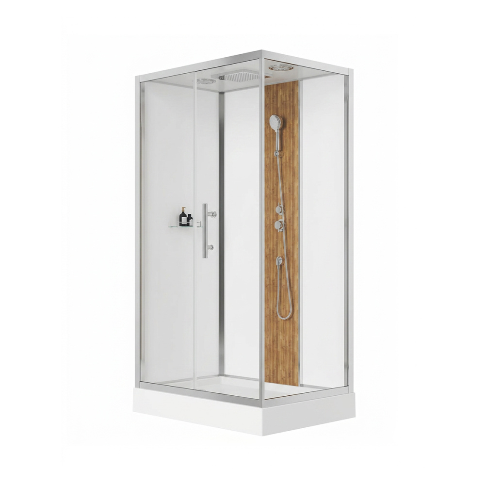 120/1 Душевая кабина 1806L/R-S 80*120*215 бамбук,низк.поддон,профиль-Хром,полка,белая задн.стенка,прозр.стёкла,4к